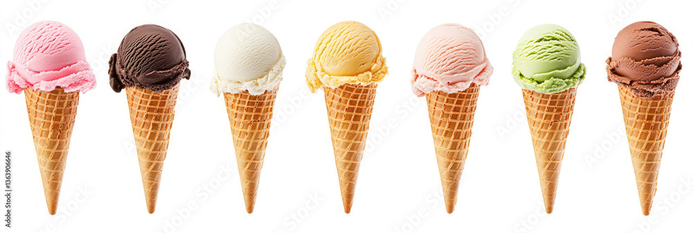 A delightful row of colorful ice cream cones, each scoop a tempting treat promising a sweet summer escape against a pure white background. A delightful row of colorful ice cream cones, each scoop a tempting treat promising a sweet summer escape against a pure white background.