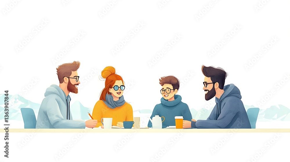 Team meeting with mountain view.