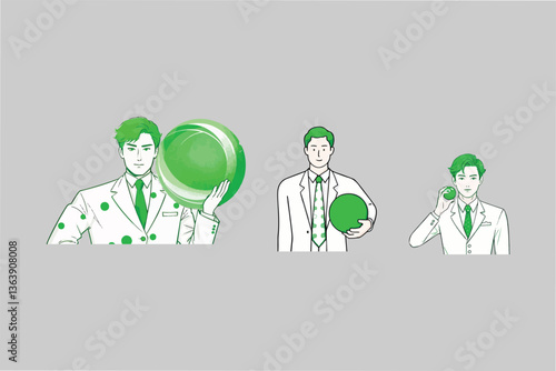 Three men with green spheres, isolated on plain background, in sequence. 