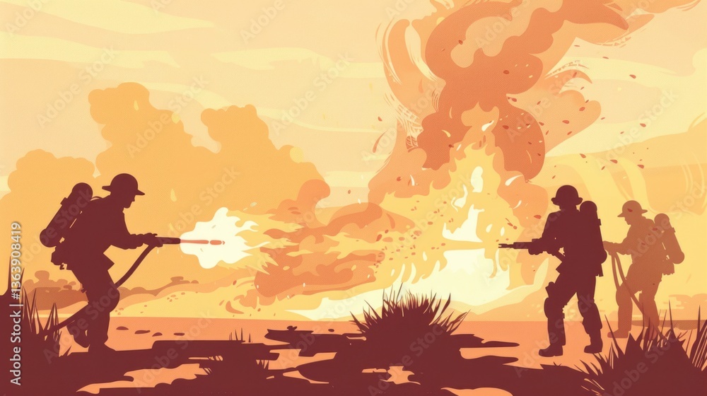 Fototapeta premium Firefighters Battling a Blaze with Courage and Determination in a Dramatic Scene