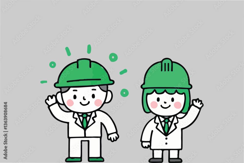 Two workers wearing hard hats, waving, isolated on a plain background. Two workers wearing hard hats, waving, isolated on a plain background.