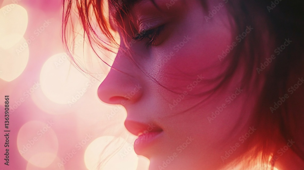 Dreamy Profile Portrait with Soft Bokeh Lights and Pink Tones Dreamy Profile Portrait with Soft Bokeh Lights and Pink Tones