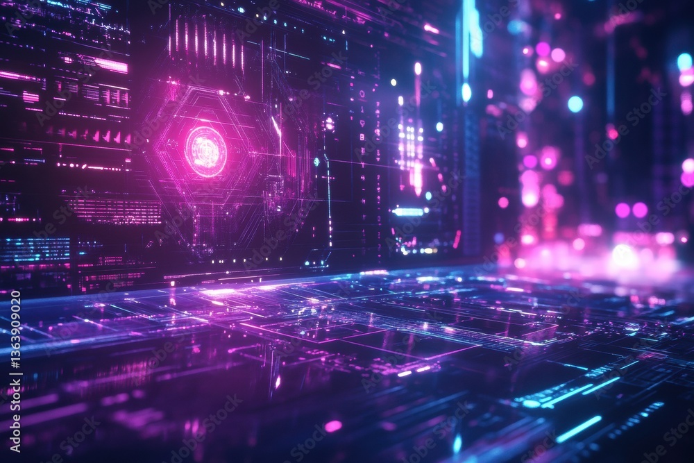 Fototapeta premium Futuristic holographic interface with glowing elements in a cyberpunk environment featuring advanced technology and vibrant lighting