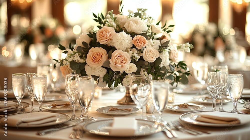 Elegant wedding reception with beautifully arranged tables featuring centerpieces and dinnerware in a stylish indoor venue Elegant wedding reception with beautifully arranged tables featuring centerpieces and dinnerware in a stylish indoor venue