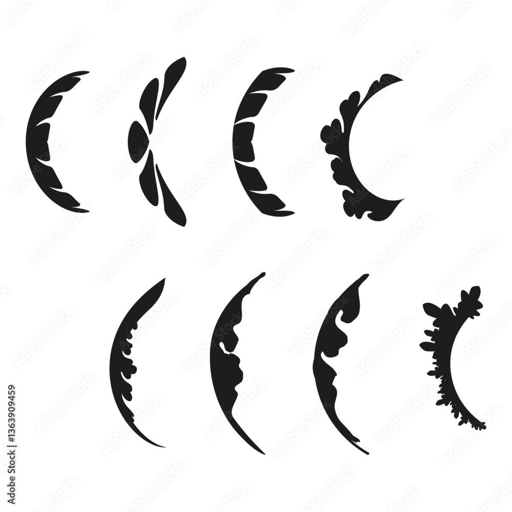 Crescent moon shapes. Decorative abstract curves. Elegant black outlines. Artistic vector elements. Crescent moon shapes. Decorative abstract curves. Elegant black outlines. Artistic vector elements.