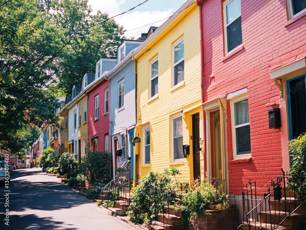 Naklejka premium Colorful houses with forced perspective and bright midday lighting above