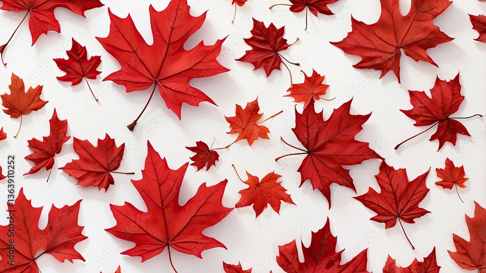 A seamless pattern featuring an arrangement of various red maple leaves scattered against a white background A seamless pattern featuring an arrangement of various red maple leaves scattered against a white background