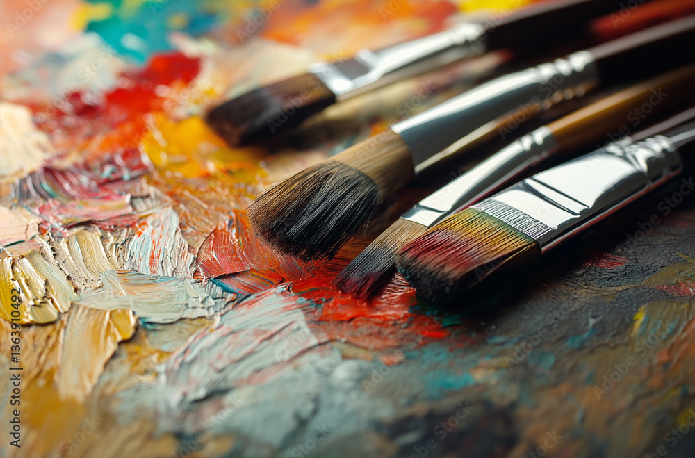 Obraz premium Close-up of an artist's palette with paintbrushes, highlighting rich oil paint textures