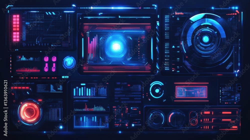 Futuristic holographic interface with glowing elements in a clean cyberpunk design Futuristic holographic interface with glowing elements in a clean cyberpunk design