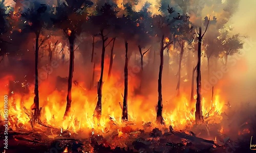 Intense wildfire engulfs forest, flames and smoke fill the air, creating a devastating scene