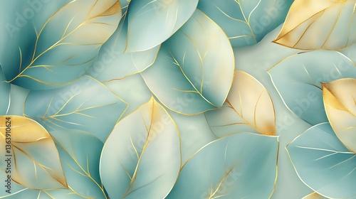 Elegant Gold and Teal Leaves Background, Elegant background with gold and teal leaves on a soft gradient backdrop