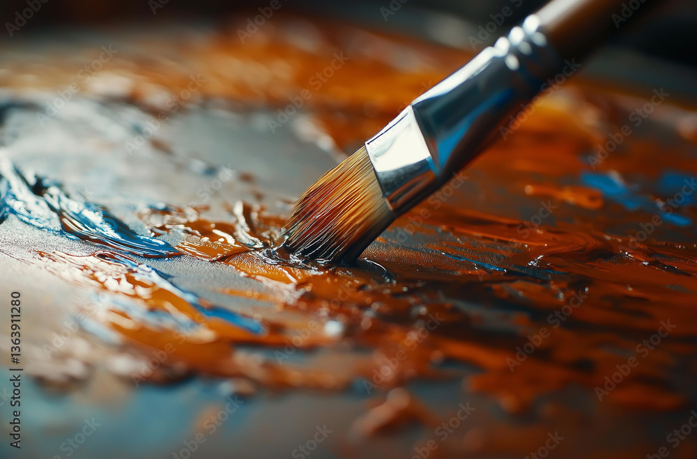 Fototapeta premium Close-up of an artist's palette with paintbrushes, highlighting rich oil paint textures