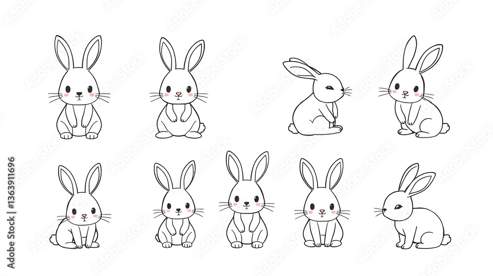 Cute bunny rabbit outline sketch vector illustration. Minimal bunny line art doodle in different poses. Cute bunny rabbit outline sketch vector illustration. Minimal bunny line art doodle in different poses.