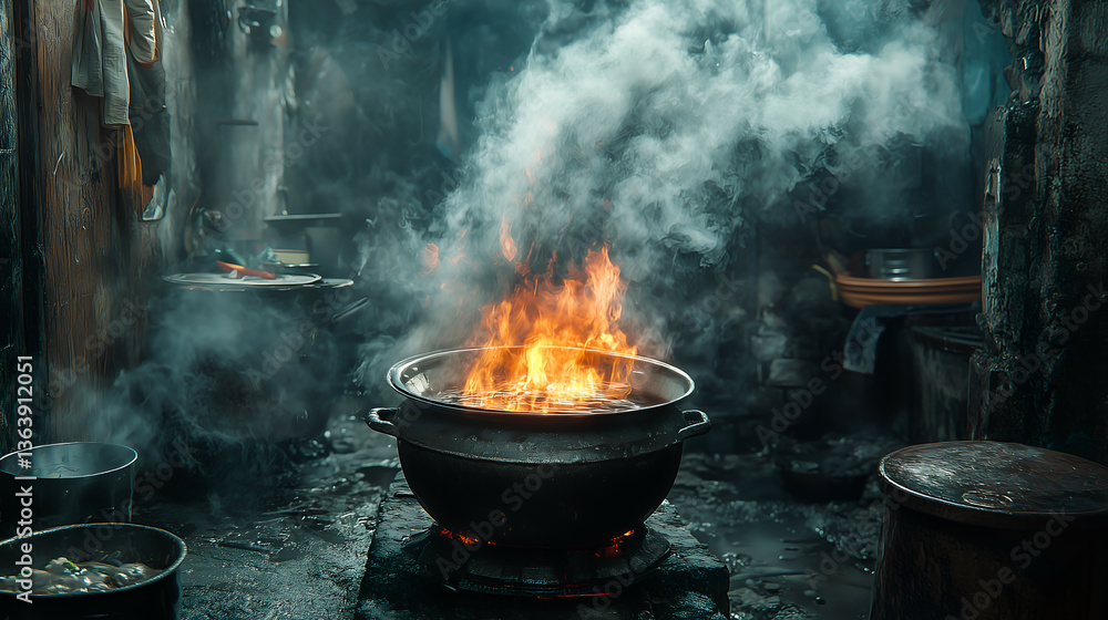 Industrial Kitchen Fire and Smoke: Chef's Culinary Art on Gas Stove with Steel Pot Industrial Kitchen Fire and Smoke: Chef's Culinary Art on Gas Stove with Steel Pot