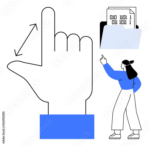 Large hand gesture showing swiping motion, a woman pointing to a file with binary code. Ideal for technology, data access, navigation, interactivity, UX, digital tools communication. Flat simple