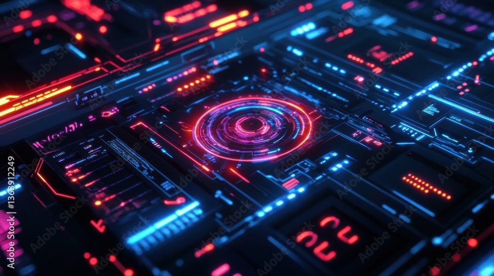 Glowing holographic futuristic interface with vibrant light elements and sleek cyberpunk design in a high-tech environment Glowing holographic futuristic interface with vibrant light elements and sleek cyberpunk design in a high-tech environment