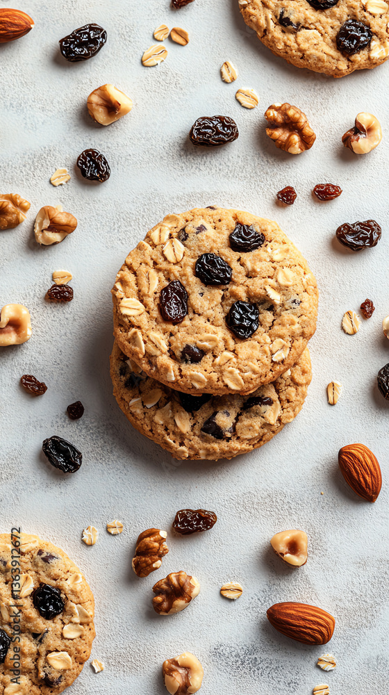 Delicious homemade oatmeal cookies topped with nuts and dried fruits on a rustic background. Delicious homemade oatmeal cookies topped with nuts and dried fruits on a rustic background.