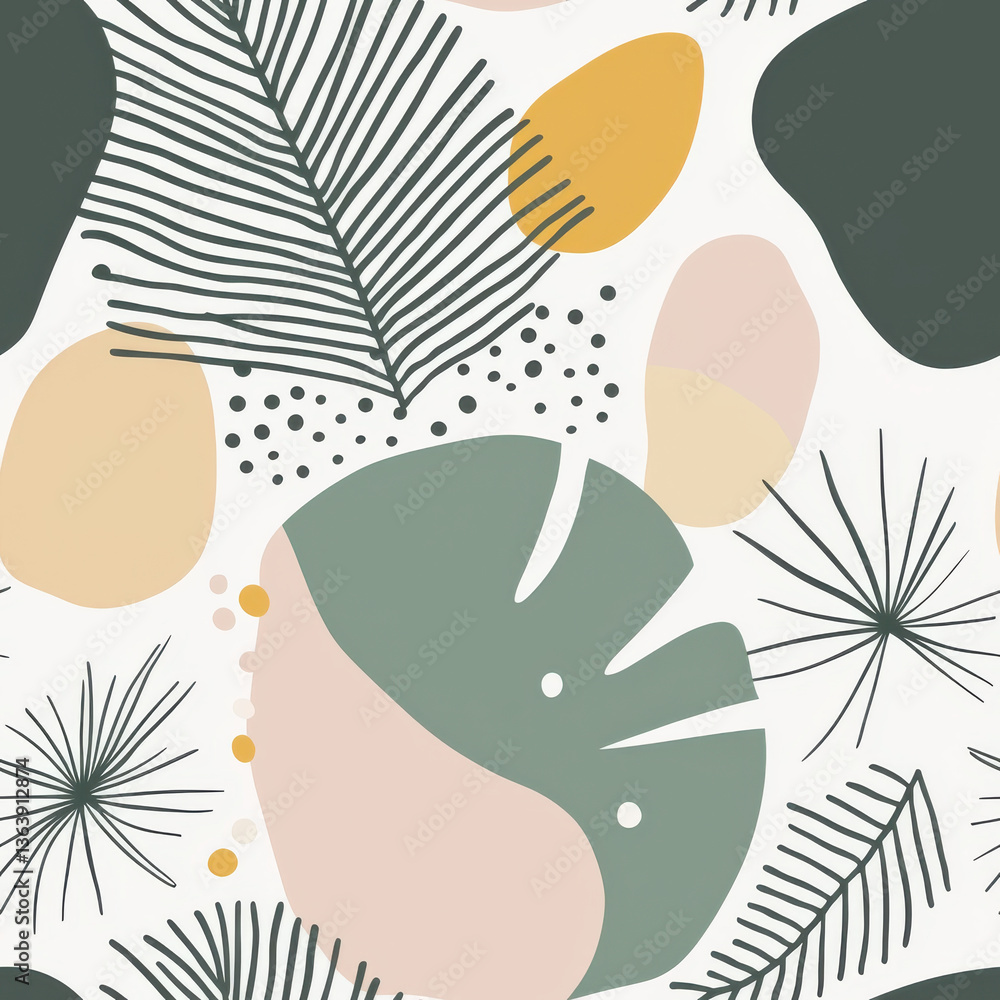 Fototapeta premium Abstract botanical seamless pattern with ferns, leaves, and organic shapes