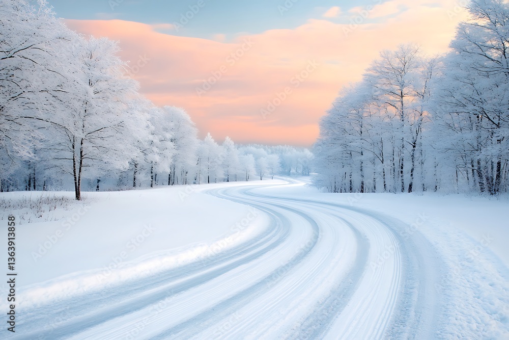 Fototapeta premium Snowy Road Curves at Sunrise.