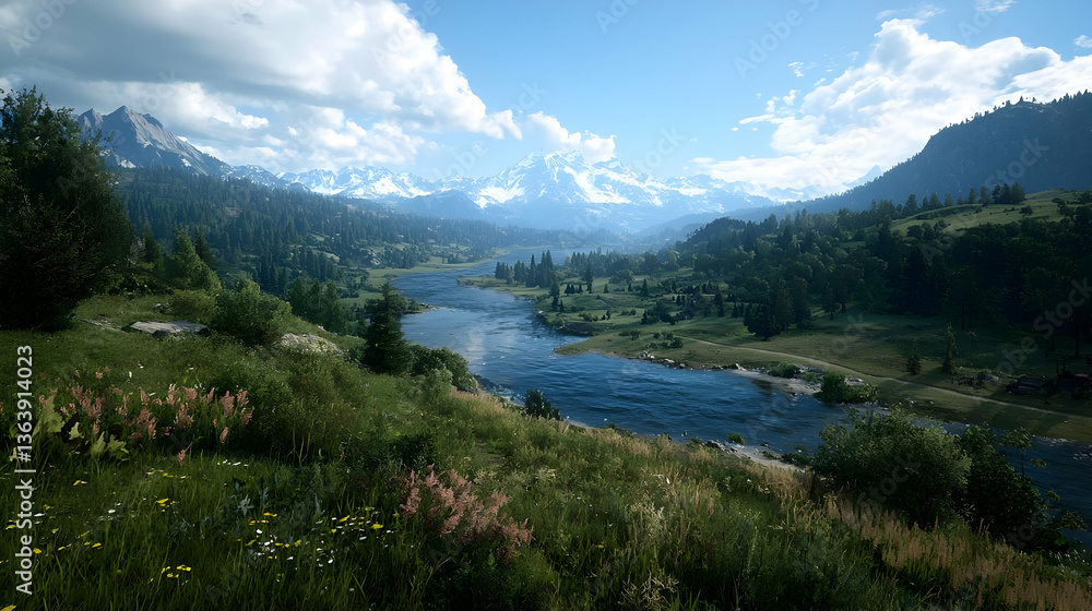 Expansive Mountain Landscape Featuring River Flowing Through Lush Green Valley Under Bright Blue Sky with White Clouds Expansive Mountain Landscape Featuring River Flowing Through Lush Green Valley Under Bright Blue Sky with White Clouds