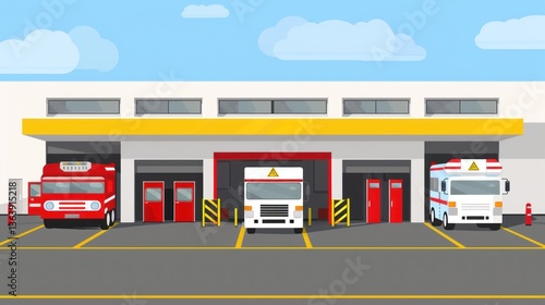 Three Emergency Vehicles Parked in a Garage Bay
