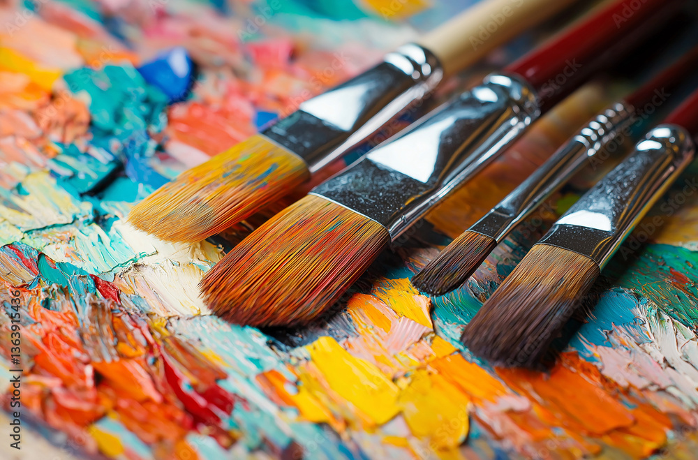 Fototapeta premium Close-up of an artist's palette with paintbrushes, highlighting rich oil paint textures