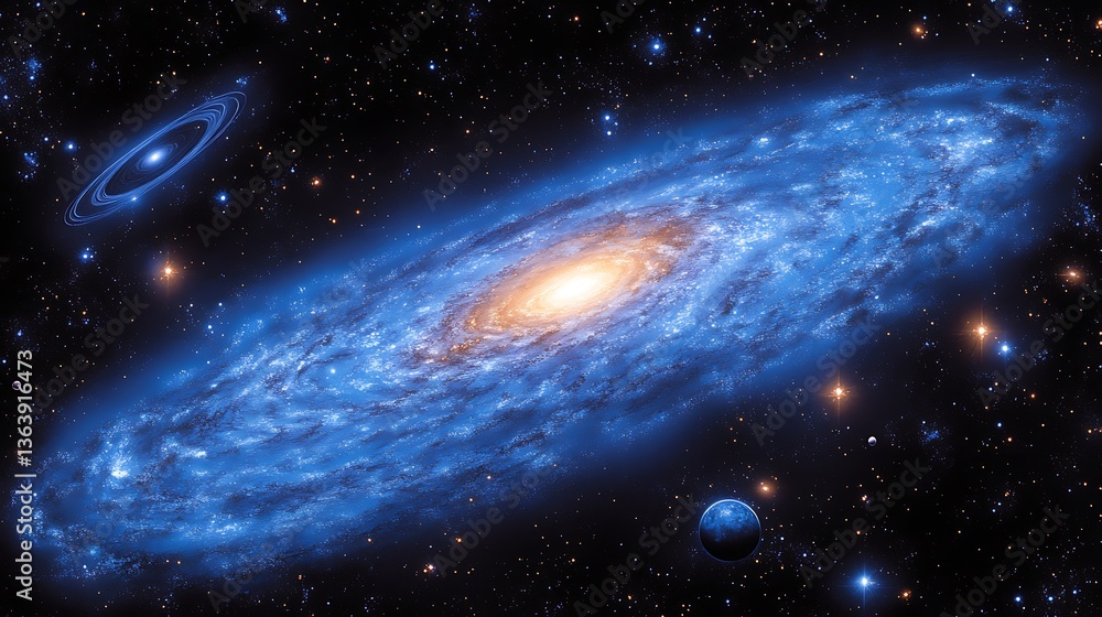 Fototapeta premium Spiral galaxy with planets and stars.