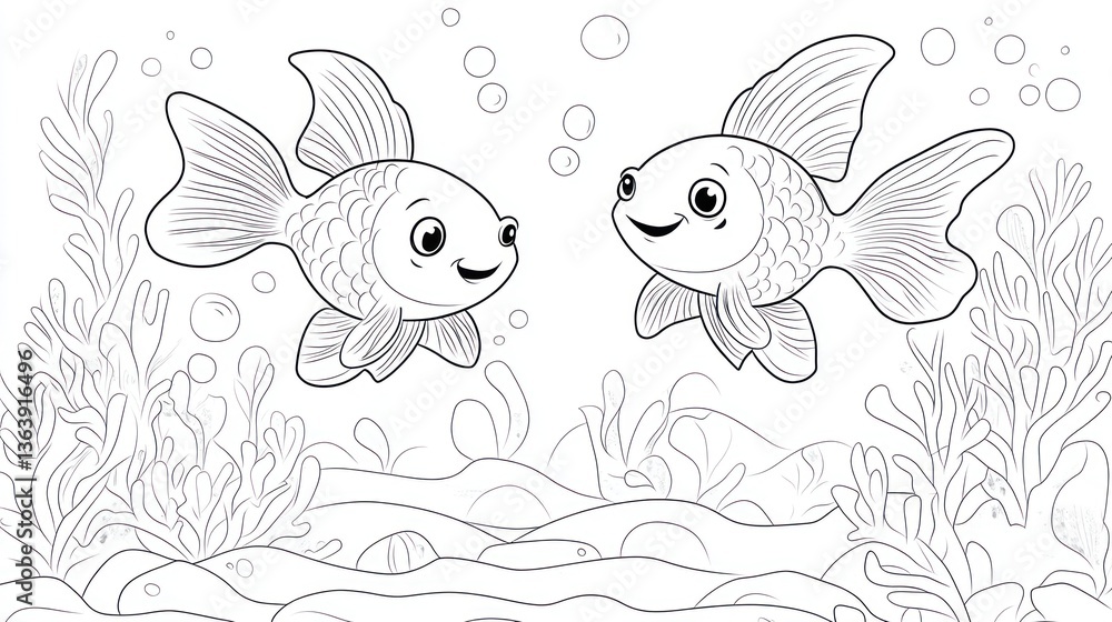 Two goldfish swim in an underwater scene, coloring page Two goldfish swim in an underwater scene, coloring page