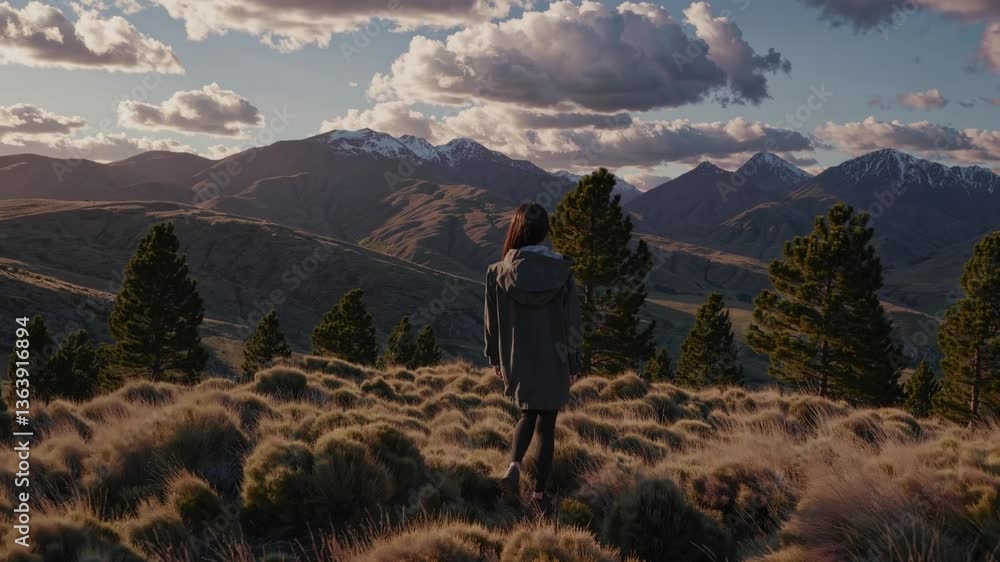 Serene Traveler Observing Majestic Mountain Landscape at Sunset Serene Traveler Observing Majestic Mountain Landscape at Sunset