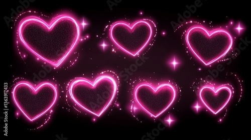 Neon pink hearts glowing with radiant edges, scattered star dust and gleaming particles, 3D style