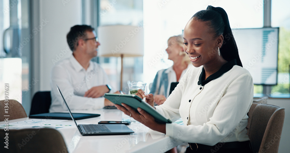Boardroom, smile and woman with tablet, browsing or happy for traffic on website or SEO manager. Office, digital marketing and person with app for keyword research, social media or analysis of trends Boardroom, smile and woman with tablet, browsing or happy for traffic on website or SEO manager. Office, digital marketing and person with app for keyword research, social media or analysis of trends