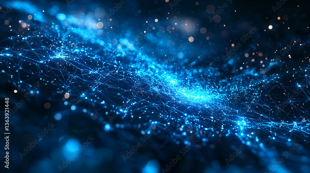 Abstract Blue Galaxy Network: Digital Particles and Light in Futuristic Space Background Abstract Blue Galaxy Network: Digital Particles and Light in Futuristic Space Background