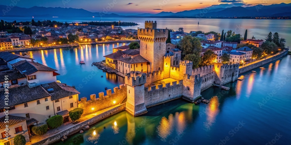 Fototapeta premium Aerial Night View of Sirmione Castle, Lake Garda, Italy