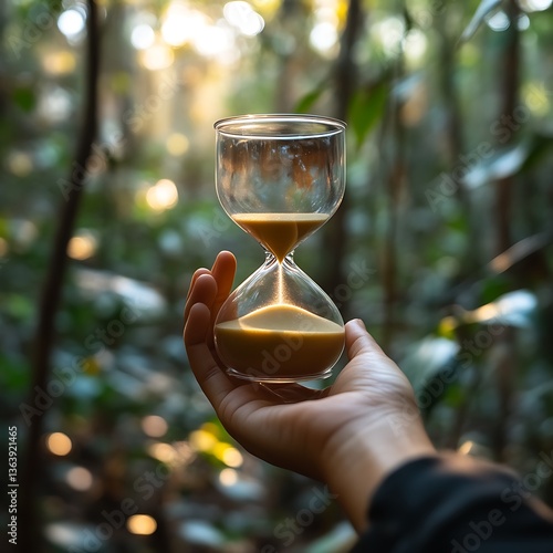 Hand holding hourglass, forest background, time, nature