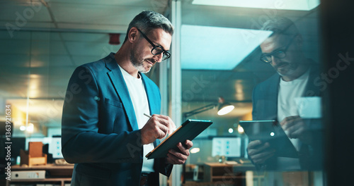 Obraz na płótnie Mature programmer, tablet and stylus with report, overtime work or project email review
