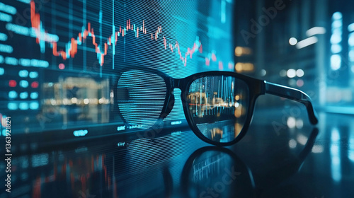 Night city stock market data glasses reflection