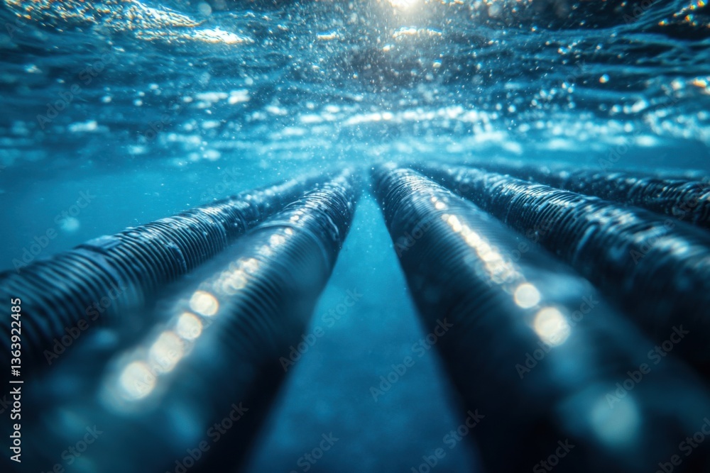 Underwater data cables in ocean environment with natural lighting and copy space above