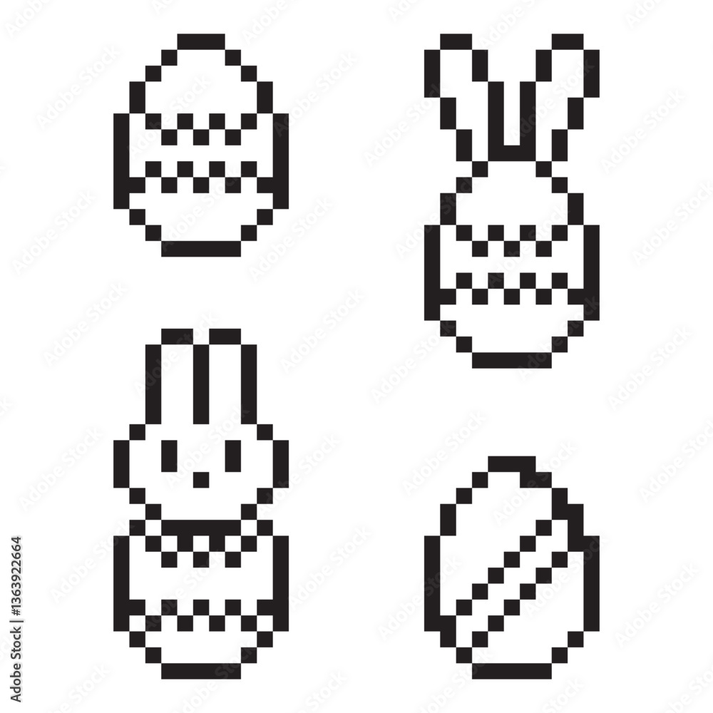 Pixel Easter egg. Bunny ear detail. Black monochrome outline. Vector icon.