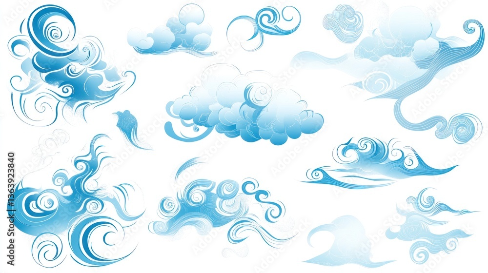 Fototapeta premium Blue stylized clouds; design elements; graphic art; white background; website design