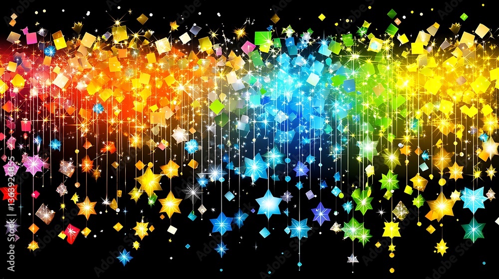 Fototapeta premium Rainbow confetti and stars falling on black background.