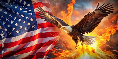 Bald Eagle Soaring with Burning Flag - 4th of July Patriotism Stock Photo