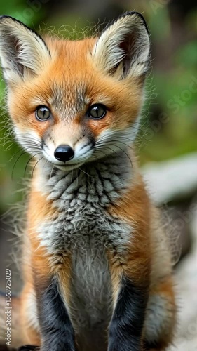 Wallpaper Mural Cute red fox cub standing on a rock in a forest during daylight, showcasing its fluffy fur and curious expression Torontodigital.ca