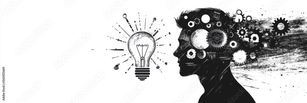 Obraz premium Man profile with gears and lightbulb symbolizing innovation and creativity in black and white sketch engraving
