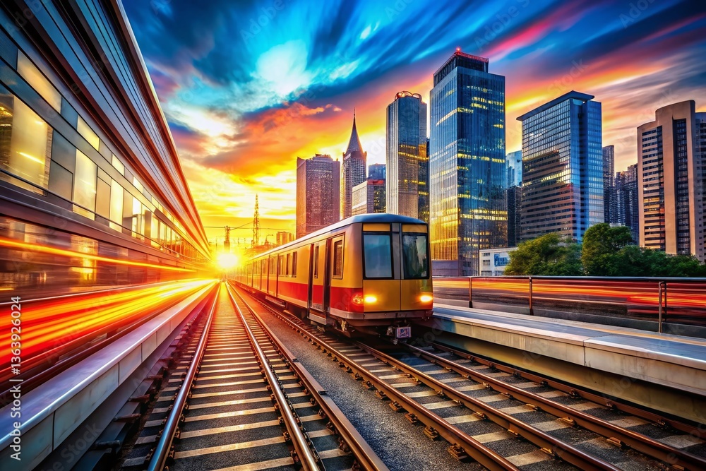 Fototapeta premium Blurred Speeding Subway Train Through Urban Landscape