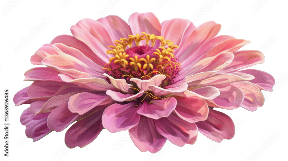 Obraz premium Zinnia Radiance: A close-up shot of a vibrant zinnia flower displaying a spectrum of pink petals, with an exquisite golden center, embodying nature's intricate elegance.