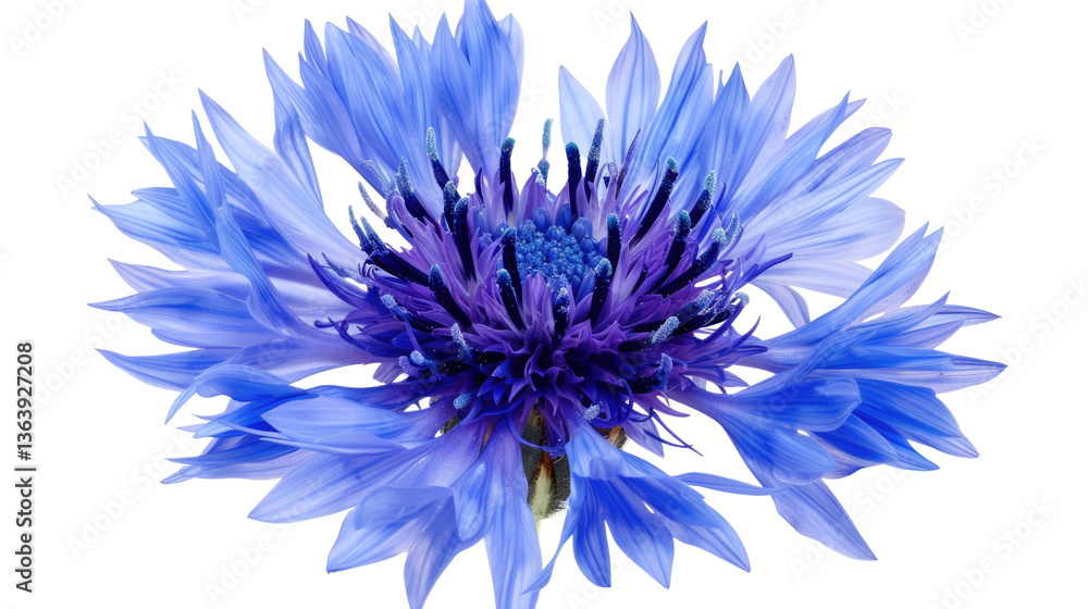 Obraz premium Cornflower's Radiance: A striking close-up showcases the intricate beauty of a cornflower in full bloom, its vibrant blue petals radiating elegance and natural grace.