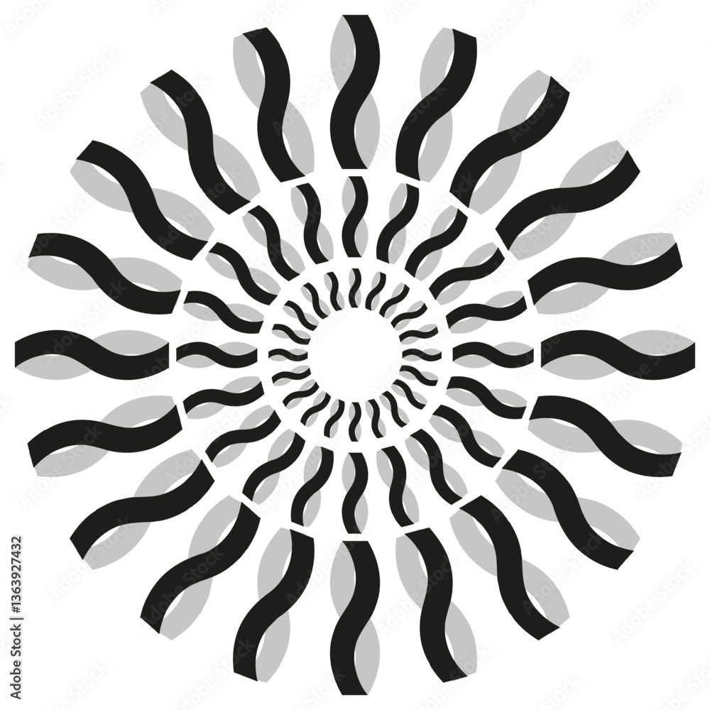 Wave spiral pattern. Abstract radial symmetry. Optical illusion effect. Black and white contrast.