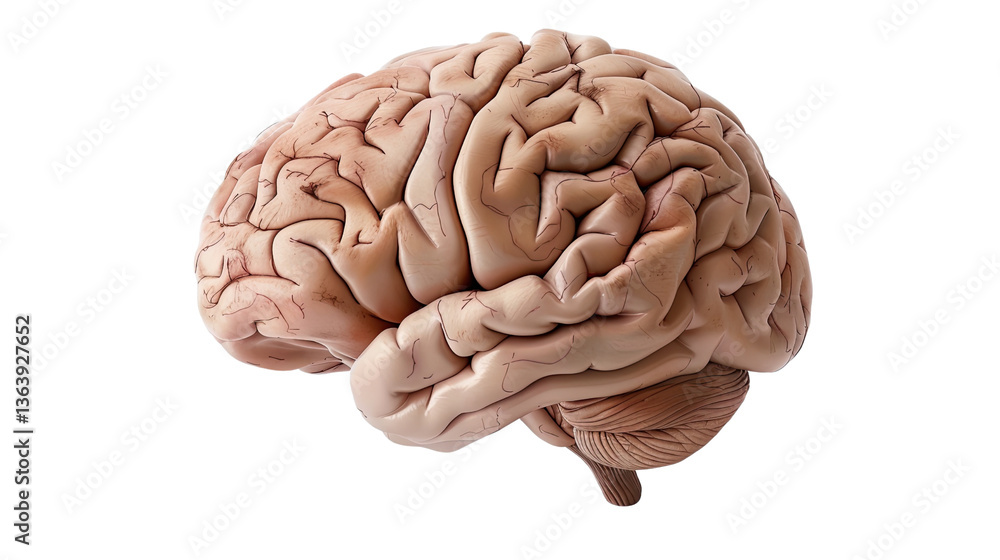 The Human Brain: An isolated anatomical view of the human brain, showcasing its intricate folds and textures, representing the center of thought, emotion, and consciousness. The Human Brain: An isolated anatomical view of the human brain, showcasing its intricate folds and textures, representing the center of thought, emotion, and consciousness.