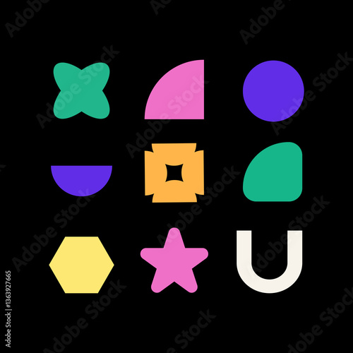 Cute and naive abstract shape sticker pack. Elements in trendy 90s retro cartoon style. Vector illustration with wavy geometric elements. Brutalism aesthetics.