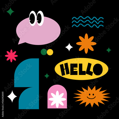 Cute and naive abstract shape sticker pack. Elements in trendy 90s retro cartoon style. Vector illustration with wavy geometric elements. Brutalism aesthetics.